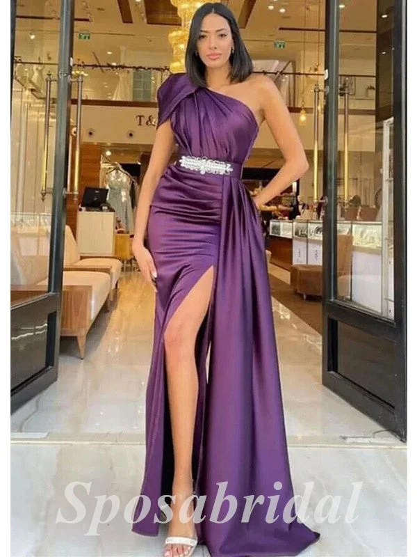 Elegant Satin One Shoulder Sleeveless Side Slit Mermaid Long Prom Dresses With Belt And Trailing, PD3619 Elegant Satin One Shoulder Sleeveless Side Slit Mermaid Long Prom Dresses With Belt And Trailing, PD3619