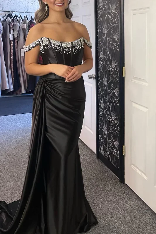 Black Off-Shoulder Beads Mermaid Long Formal Prom Dress with Train