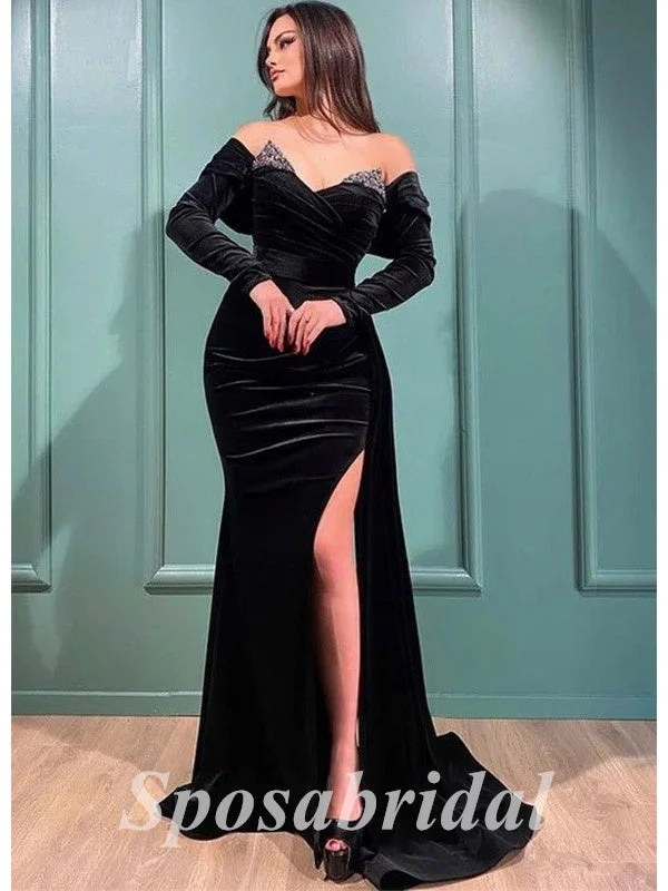 Sexy Velvet And Sequin Off Shoulder V-Neck Long Sleeve Side Slit Mermaid Long Prom Dresses, PD3586 Sexy Velvet And Sequin Off Shoulder V-Neck Long Sleeve Side Slit Mermaid Long Prom Dresses, PD3586