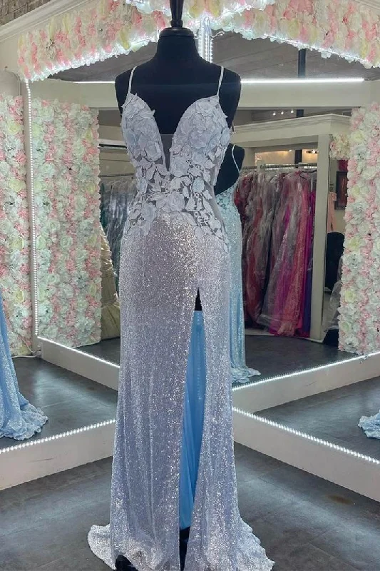 Elegant Sheath Evening Dress Spaghetti Straps Light Blue Sequins Appliques Long Prom Dress Elegant Sheath Evening Dress Spaghetti Straps Light Blue Sequins Appliques Long Prom Dress