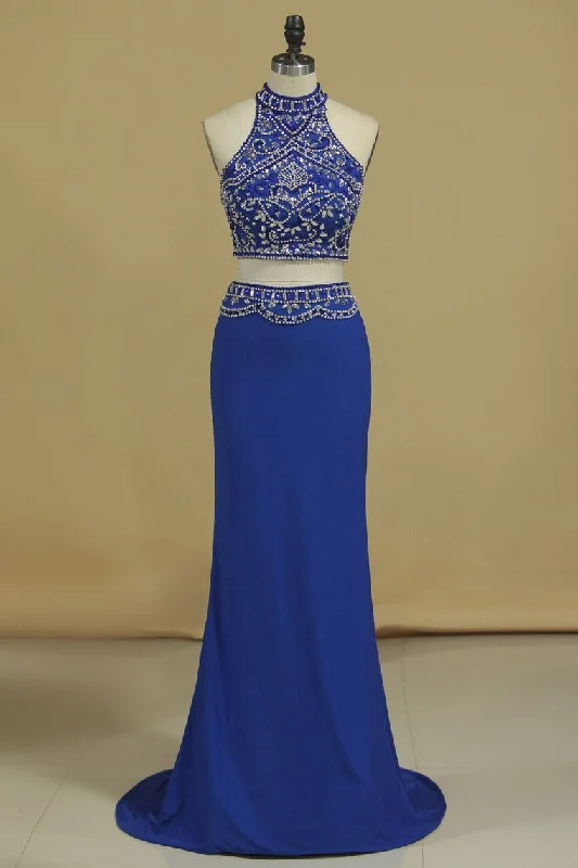 2024 Two Pieces High Neck Beaded Bodice Spandex Prom Dresses Dark Royal Blue