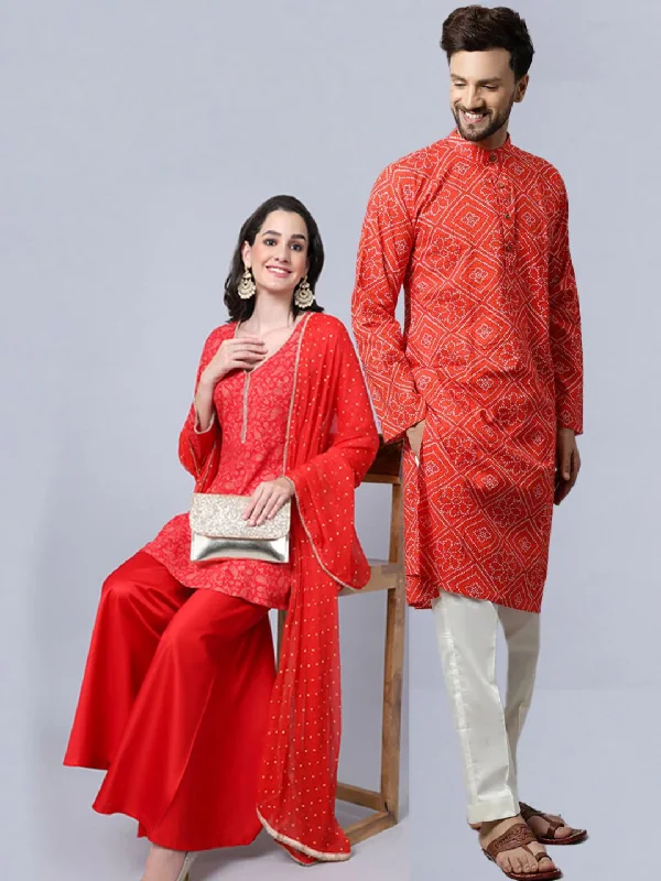 Rose Red Printed Short Kurti with Flared Palazzo and Dupatta with Red Bandhani Men Kurta Pajama Couple Matching Dress