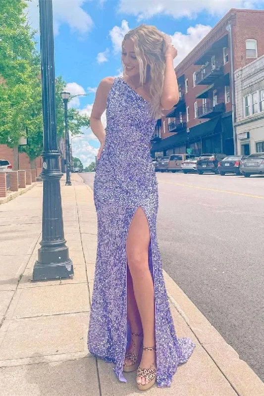 Lavender Stunning One Shoulder  Sequins Long Prom Dress With Slit