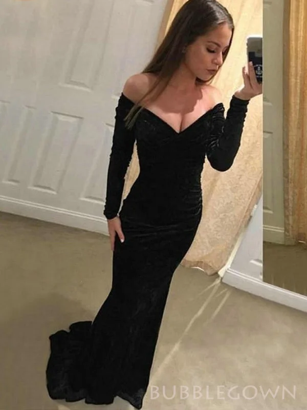 Black Velvet Off Shoulder Mermaid Long Evening Prom Dresses, Custom Long Sleeves Prom Dresses, BGS0247 Black Velvet Off Shoulder Mermaid Long Evening Prom Dresses, Custom Long Sleeves Prom Dresses, BGS0247