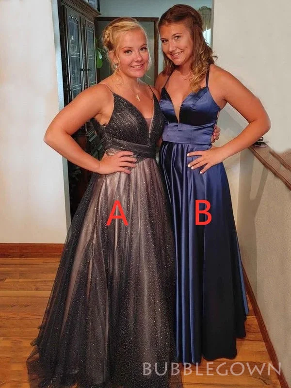 A-line Satin Tulle V-neck Long Evening Prom Dresses, Spaghetti Straps Prom Dress, BGS0292 A-line Satin Tulle V-neck Long Evening Prom Dresses, Spaghetti Straps Prom Dress, BGS0292