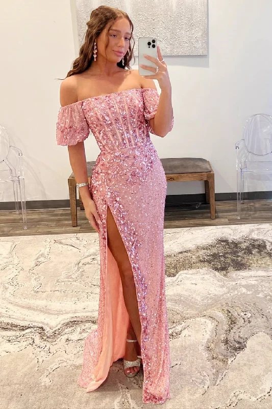 Pink Sequin Off-the-Shoulder Long Formal Dress with Puff Sleeves and Slit