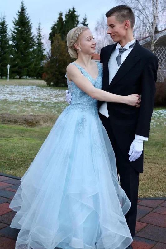 Formal Graduation Evening Dresses V Neck Appliques Open Back Light Blue Long Prom Dresses Formal Graduation Evening Dresses V Neck Appliques Open Back Light Blue Long Prom Dresses