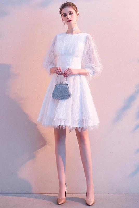 White Bowknot Round Neck Feather 3/4 Sleeves Lace Prom Dress Short Homecoming Dresses