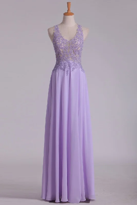 2024 Sexy Open Back See-Through Prom Dresses V Neck Chiffon With Beads And Applique