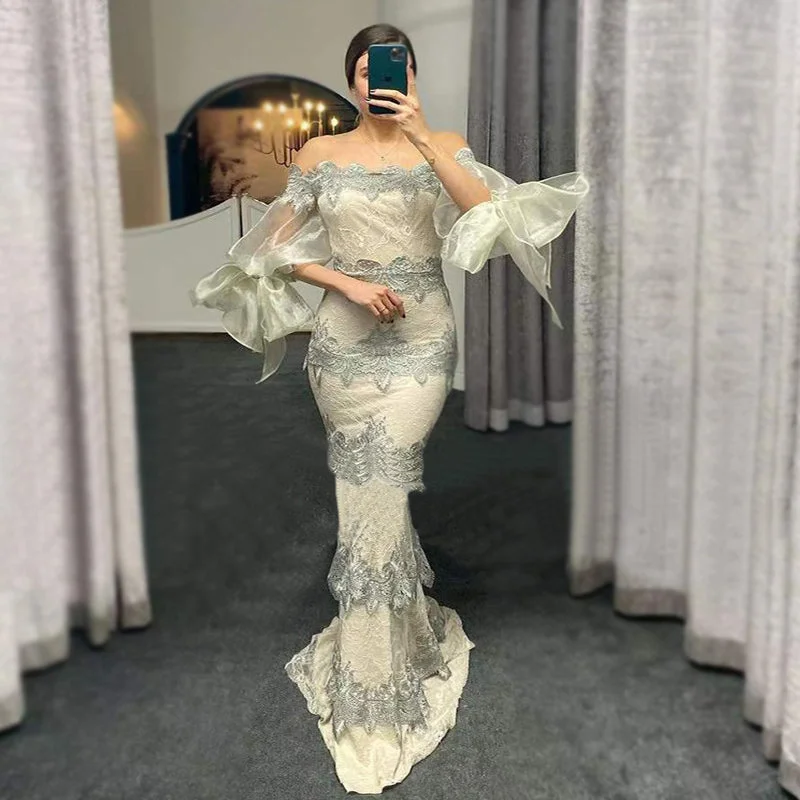 Elegant Luxury Gray And Ivory Off-shoulder Full Lace Mermaid Long Prom Dress, PD3400