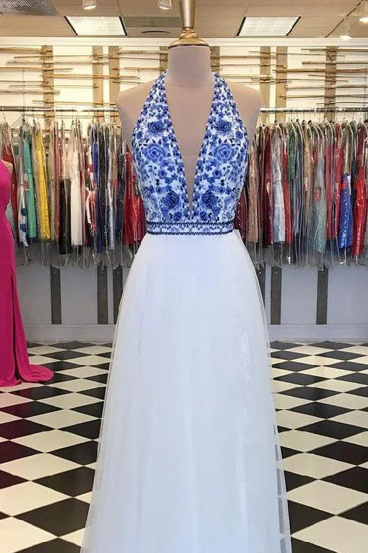 Elegant V Neck Halter White and Blue Embroidery Long Prom Dress with Slit Formal Dress Elegant V Neck Halter White and Blue Embroidery Long Prom Dress with Slit Formal Dress