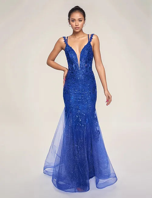 Nina Canacci 7600 Size 14 Royal Blue Prom Dress Mermaid Lace Plunging V Neckline Corset Lace Straps Nina Canacci 7600 Size 14 Royal Blue Prom Dress Mermaid Lace Plunging V Neckline Corset Lace Straps