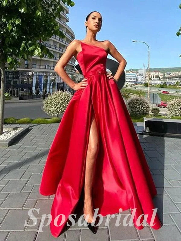 Sexy Satin Sweetheart Sleeveless Side Slit A-Line Long Prom Dresses With Belt, PD3614 Sexy Satin Sweetheart Sleeveless Side Slit A-Line Long Prom Dresses With Belt, PD3614