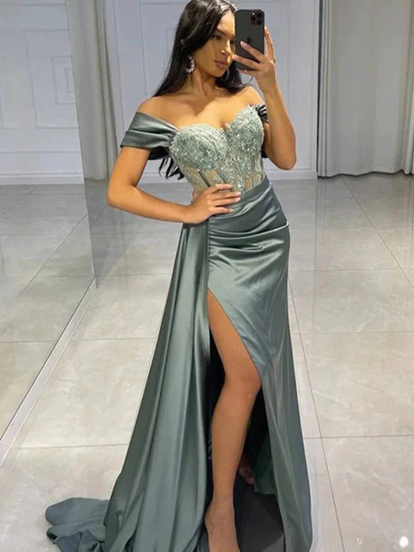 Sexy Gray Off-shoulder Lace Top Side-slit Mermaid Long Prom Dress, PD3353