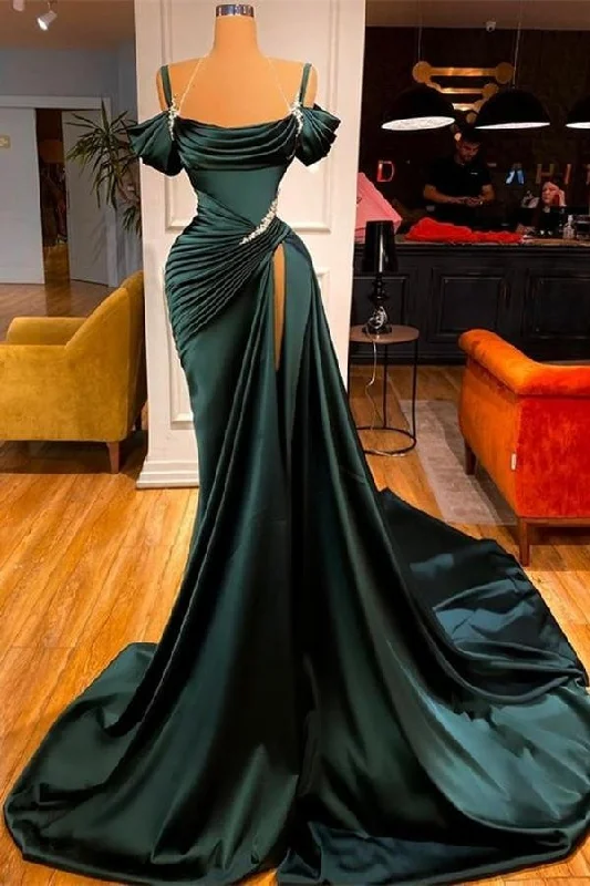 Mermaid Dark Green Off-the-Shoulder Long Prom Dress with Slit