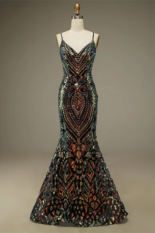 Mermaid Glitter Spaghetti Straps V Neck Long Prom Dress
