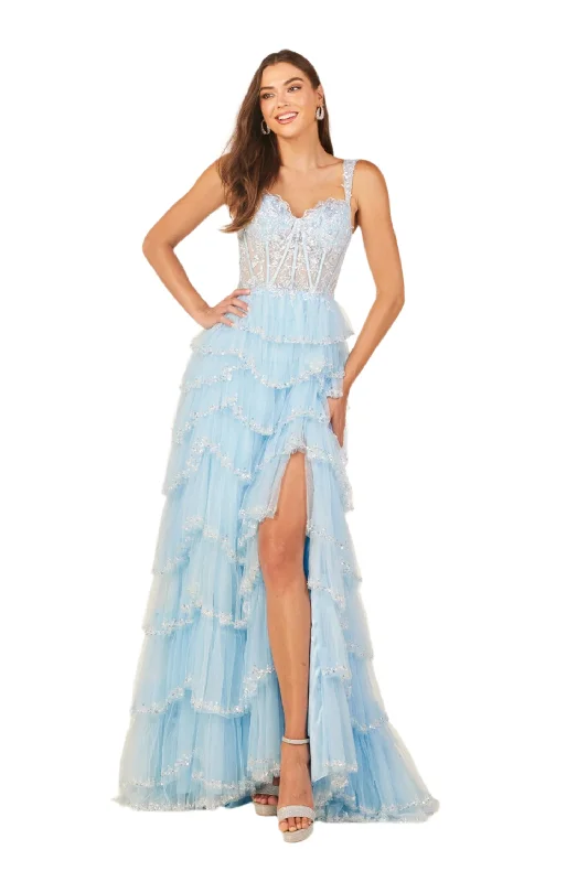 Lucci Lu 1432 Size 0, 6 Sky Blue Beaded Layered Prom Dress Maxi Slit Lace Sheer Corset Formal Pageant Gown Lucci Lu 1432 Size 0, 6 Sky Blue Beaded Layered Prom Dress Maxi Slit Lace Sheer Corset Formal Pageant Gown