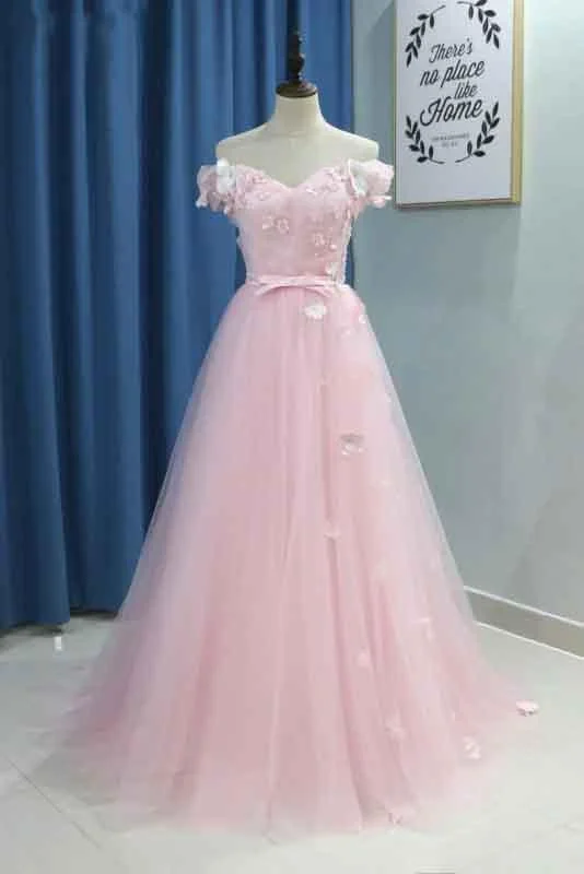 Elegant A line Pink Tulle Prom Dresses with Flowers Off the Shoulder Belt Evening Dress