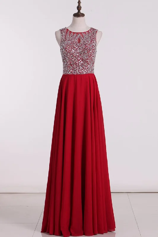 2024 Prom Dresses A Line Open Back Scoop Beaded Bodice Chiffon