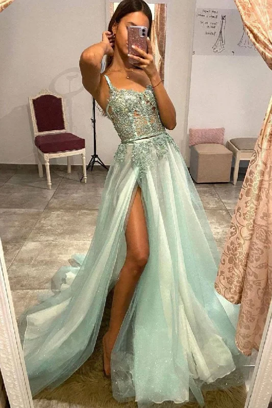 Mint Green Formal Evening Dress Tulle Lace A Line Appliques Long Prom Dress