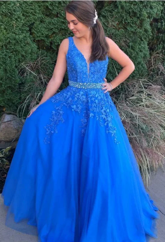 A Line School Dance Dress Royal Blue Beading Formal Dress Fashion Tulle Prom Dresses with Applique A Line School Dance Dress Royal Blue Beading Formal Dress Fashion Tulle Prom Dresses with Applique