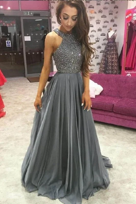Beautiful Long Beading Open Back A-Line Gray Prom Dresses P7HX27HD