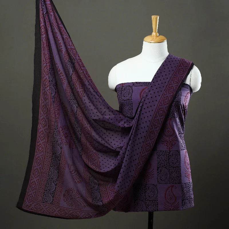 Purple - 3pc Natural Dyed Cotton Bagh Print Dress Material 02