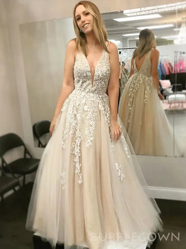 Champagne Tulle Appliques V-neck Long Evening Prom Dresses, A-line Custom Prom Dresses, BGS0304 Champagne Tulle Appliques V-neck Long Evening Prom Dresses, A-line Custom Prom Dresses, BGS0304