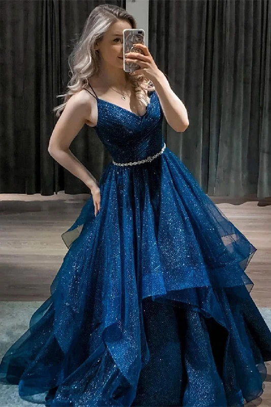 Pretty Ball Gown Navy Blue Long Prom Dresses, Formal Gowns
