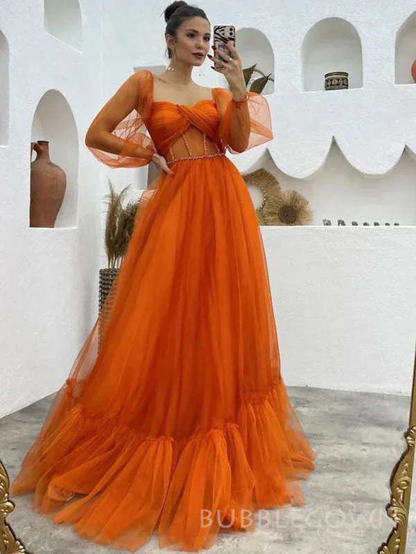 Long Sleeves Orange Tulle Long Evening Prom Dresses, Custom A-line Prom Dresses, BGS0277 Long Sleeves Orange Tulle Long Evening Prom Dresses, Custom A-line Prom Dresses, BGS0277