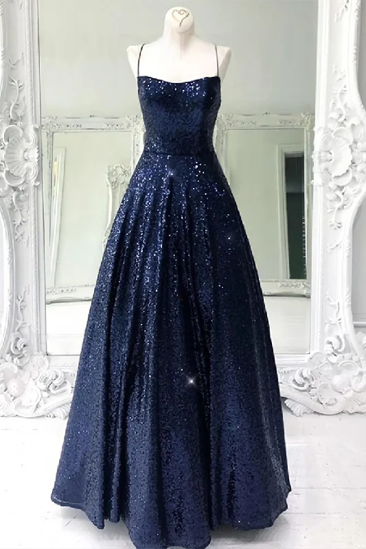 Long Navy Blue Sequin Prom Dress