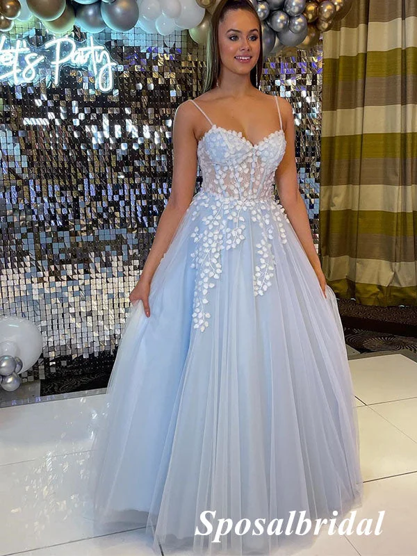Elegant Tulle Spaghetti Straps V-Neck A-Line Long Prom Dresses With Appliques, PD3734 Elegant Tulle Spaghetti Straps V-Neck A-Line Long Prom Dresses With Appliques, PD3734