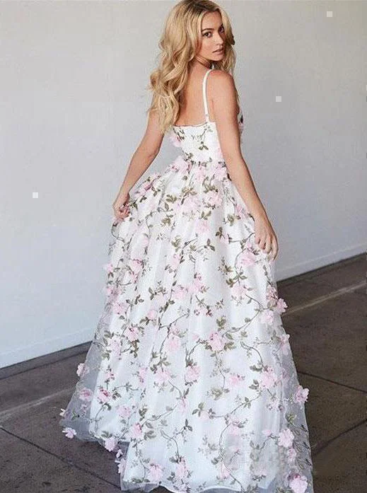 Pretty A-line Spaghetti Straps Floral Prom Dresses With 3D Flowers