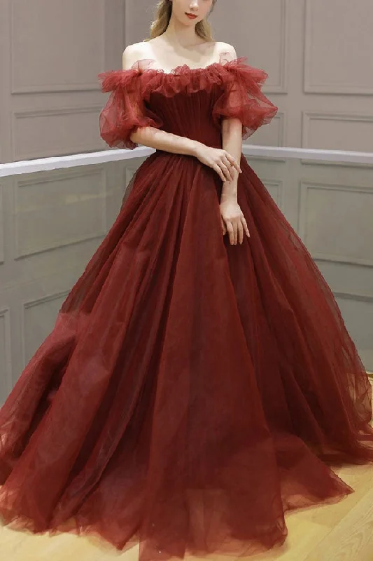 A Line Formal Evening Dress Burgundy Off Shoulder Tulle Long Prom Dress