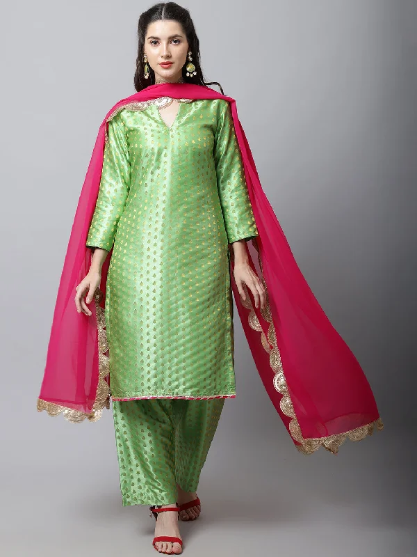 Sahiba Green Brocade Kurti With Straight Palazzo And Magenta Georgette Dupatta Couple Matching Dress