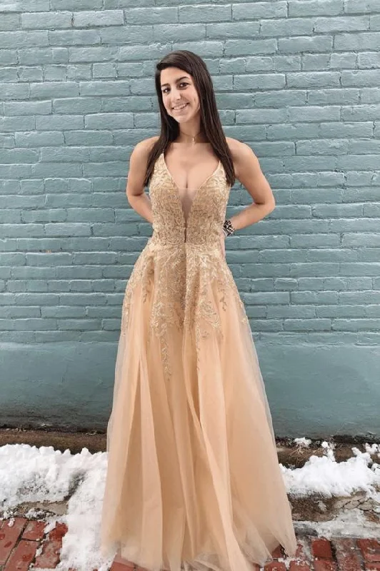 V neck A line Stylish Evening Dress  Lace Appliques Long Prom Dress
