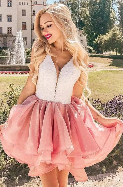 A-Line V-Neck Sleeveless Pink V Neck Homecoming Dress With Lace Sweet Short Prom Dresses A-Line V-Neck Sleeveless Pink V Neck Homecoming Dress With Lace Sweet Short Prom Dresses