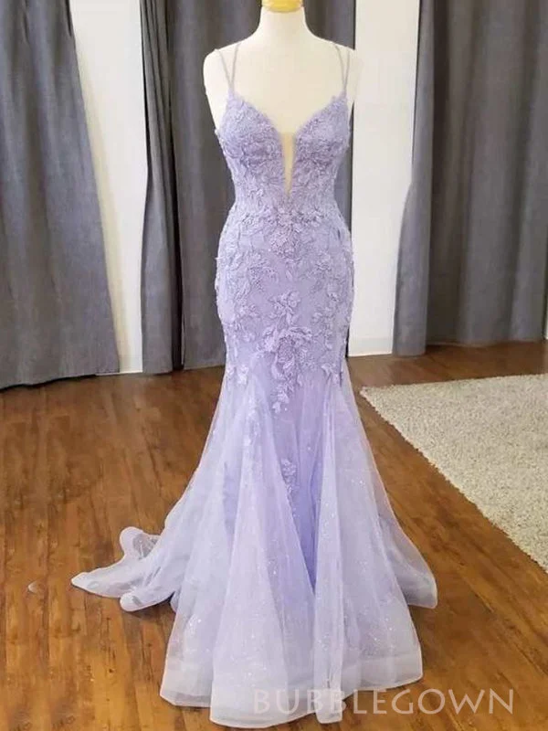 Popular Lilac Tulle Mermaid V-neck Long Evening Prom Dresses, Appliques Prom Dresses, BGS0323 Popular Lilac Tulle Mermaid V-neck Long Evening Prom Dresses, Appliques Prom Dresses, BGS0323