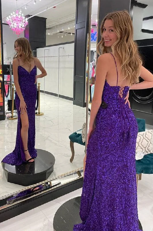 V-Neck High Slit Formal Graduation Evening Dresses Sequins Grape Long Prom Dresses