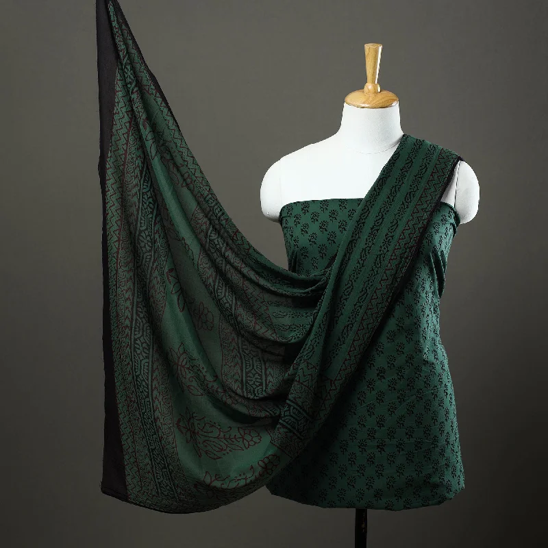 Green - 3pc Natural Dyed Cotton Bagh Print Dress Material 15