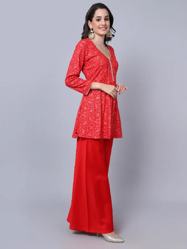 Rose Red Printed Peplum Kurti Couple Matching Dress