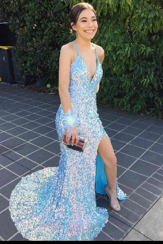 Blue V Neck Mermaid Long Evening Dresses Sequin Sparkle Shiny Prom Dress