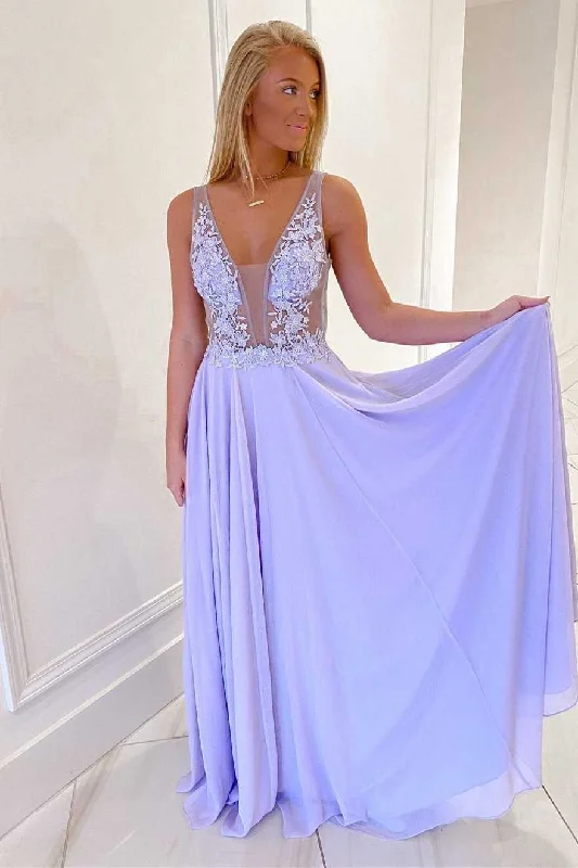 Evening Formal Dress V NeckChiffon A-line Lavender Long Prom Dresses
