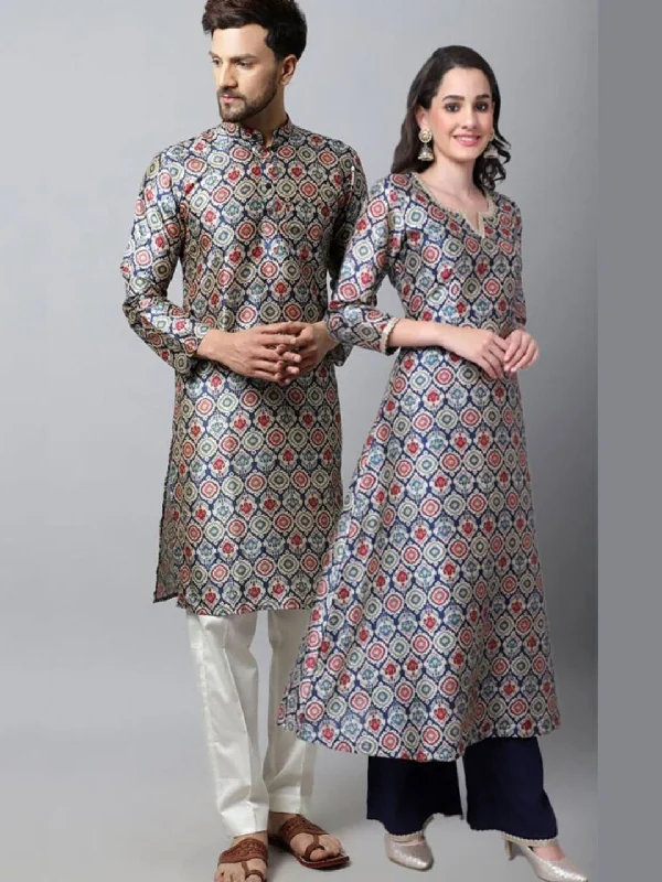 Breezy Blue Moroccan Printed Kurti with Palazzo and Navy Blue Silk Men Kurta Pajama Couple Matching Dress