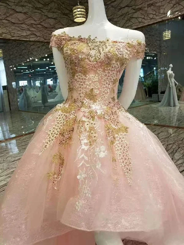 Boat Neck A-Line Prom Dresses Lace Up With Appliques SRS11294
