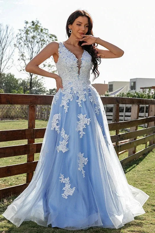 Sky BlueTulle Princess V-neck A-Line Sleeveless Appliques Long Prom Dresses