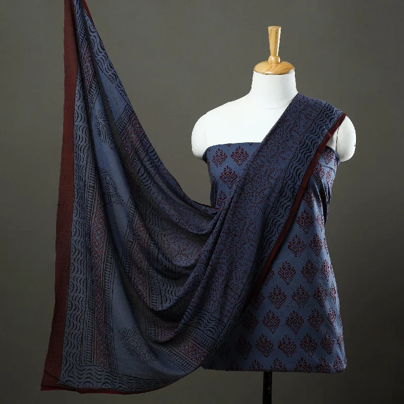 Blue - 3pc Natural Dyed Cotton Bagh Print Dress Material 01
