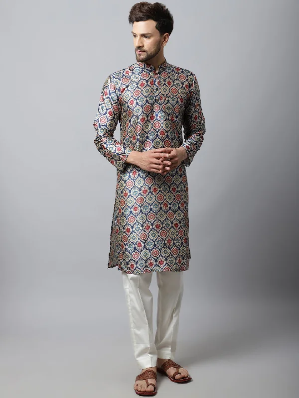 Navy Blue Silk Men Kurta Pajama Couple Matching Dress