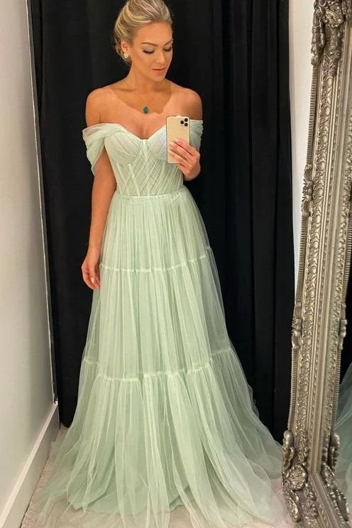 Off the Shoulder Formal Evening Gowns A Line Mint Tulle Long Prom Dresses