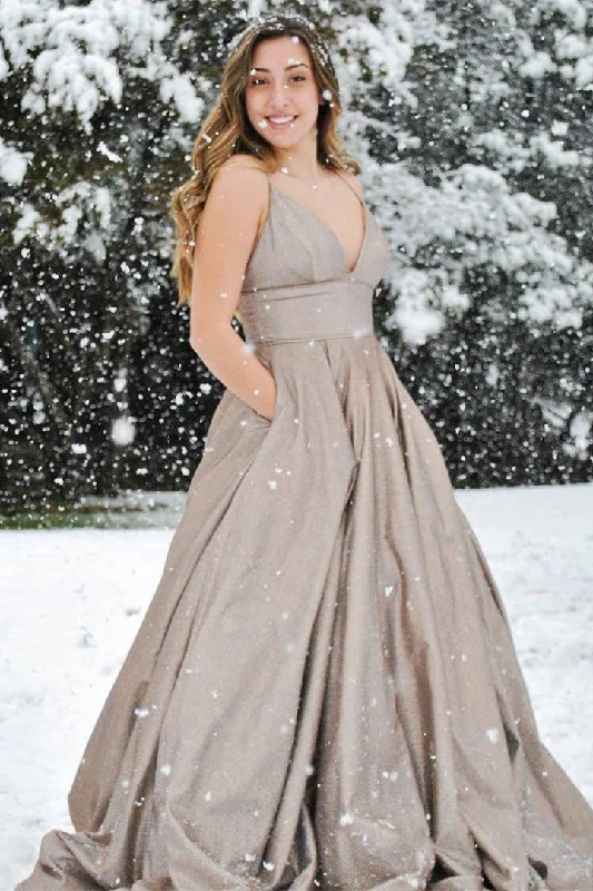 A-line Sleeveless V-neck Champagne Long Prom Dresses